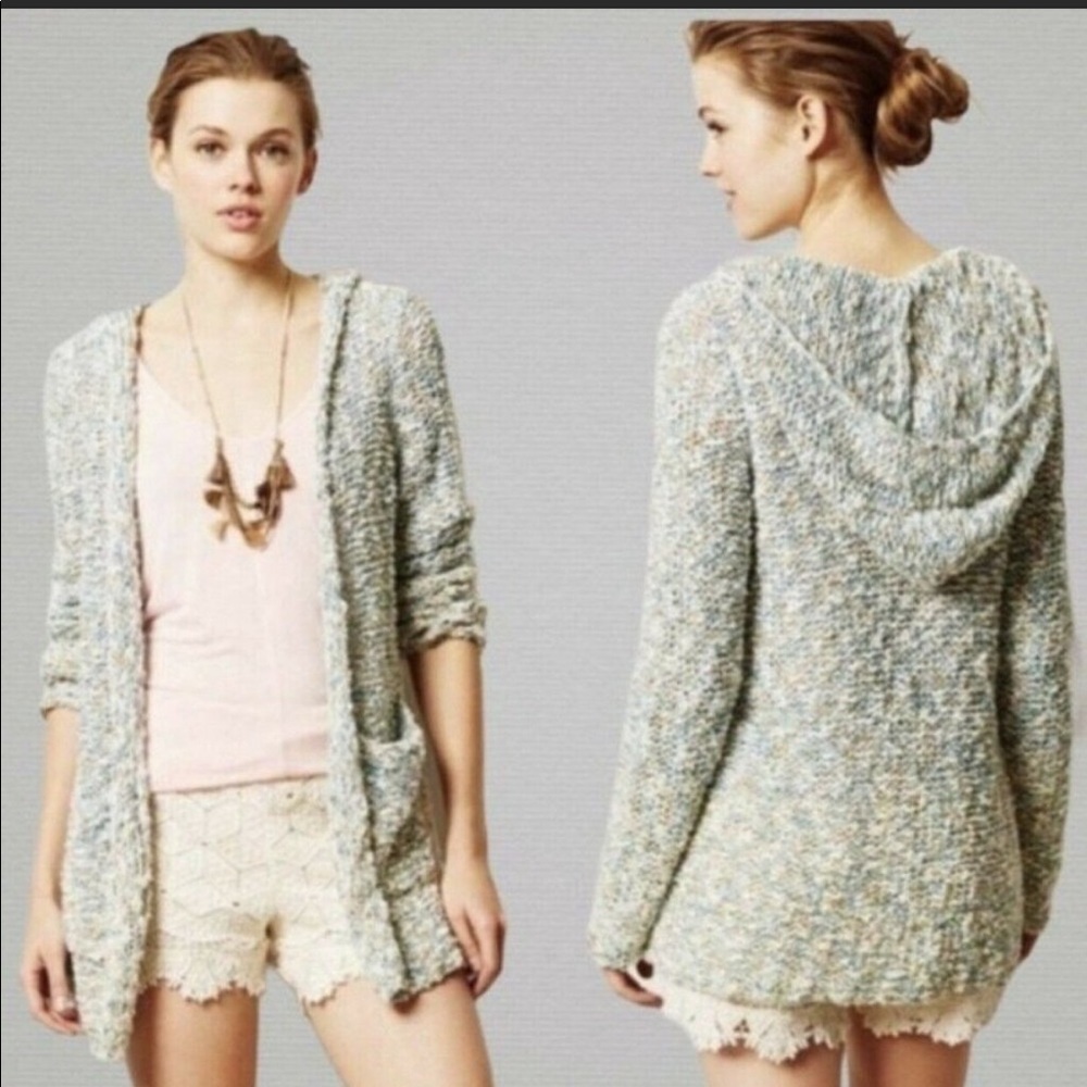 Moth at Anthropologie green blue and white woven cardigan with hood size medium